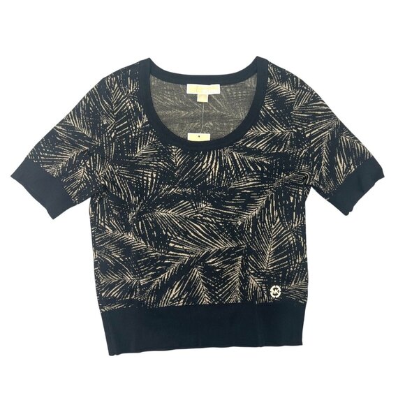 Michael Michael Kors Black Gold Palm Print Short Sleeve Knit Sweater Top Medium - Picture 2 of 12